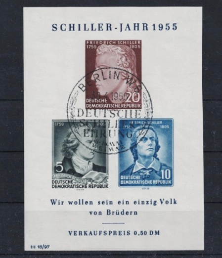 1955 DDR Friedrich Schiller Pul Bloğu (Damgalı) Dantelsiz