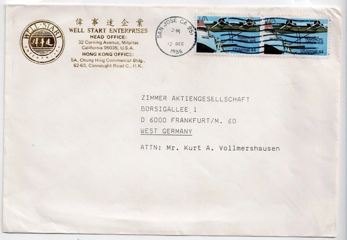 Well Start Enterprises – Zimmer AG 1986 ABD’den Almanya’ya Hava Postası Zarfı
