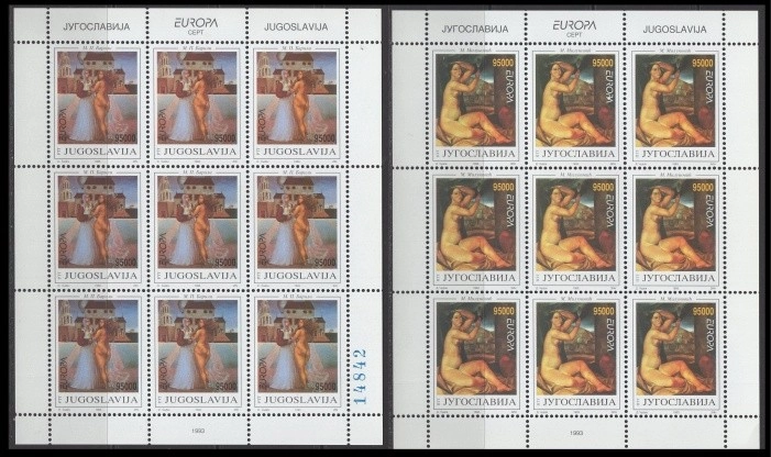 1993 EUROPA CEPT YUGOSLAVYA, NÜ TABLOLAR DAMGASIZ MNH TABAKA TAM SET