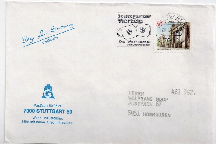 Stuttgart 1988 – “Das Wochenende reiseerleben” Özel Damgalı Anma Zarfı