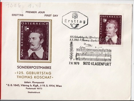 Thomas Koschat 125. Doğum Günü – 1970 Avusturya İlk Gün Zarfı