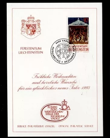 1993 Vaduz – Liechtenstein Noel Özel Damgalı Kart Pullu