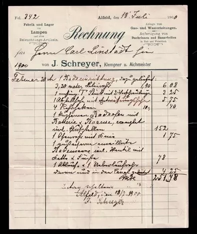 1900 Alfeld – J. Schreyer Tesisat ve Aydınlatma Faturası