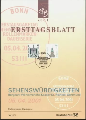 Almanya ETB, Ersttagsblatt 16/2001 – Sehenswürdigkeiten: Bergpark Wilhelmshöhe & St. Reinoldi Dortmund