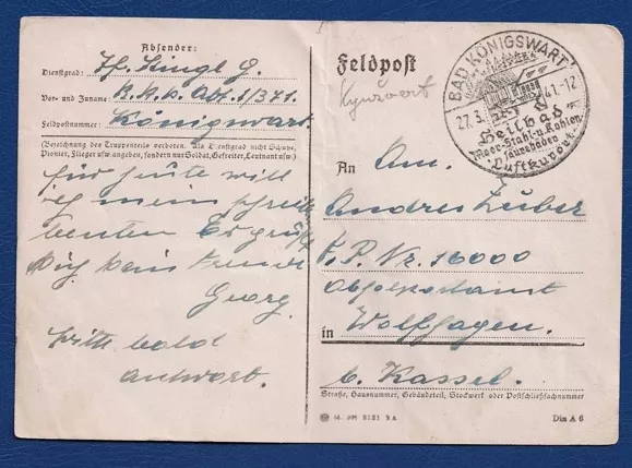 1944 Alman Feldpost Kartı – Bad Königswart Damgalı Askerî Posta Koleksiyonluk