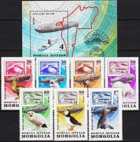 MOĞOLİSTAN 1981  ZEPLİN - ANTARTİKAYA UÇUŞUN 50. YILI BLOK+PUL TAM SET