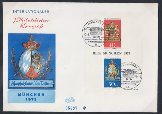 ALMANYA 1973 ULUSLARARASI FİLATELİSTLER KONGRESİ BLOK, ARMA, KABARTMA KAPAK FDC