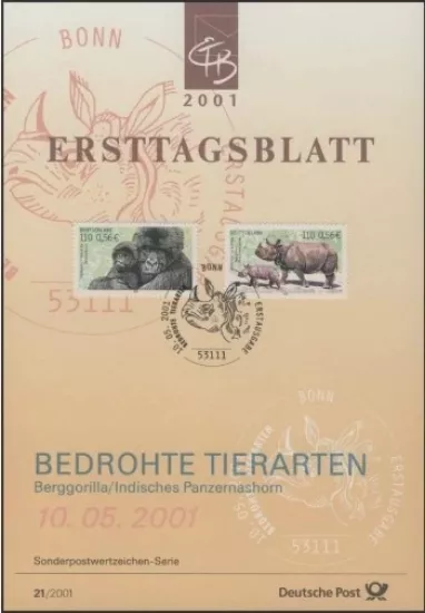 Almanya ETB, Ersttagsblatt 21/2001 – Bedrohte Tierarten: Berggorilla & Indisches Panzernashorn