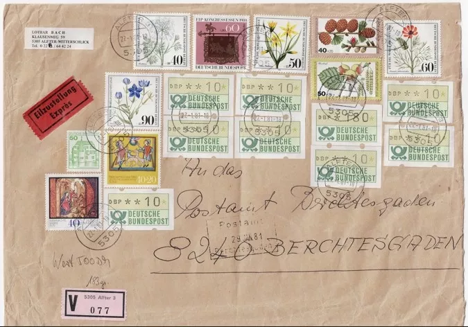 Deutsche Bundespost Zarfı: 1981 Almanya’dan Postadan Geçmiş Çok Pullu Ekspres Gönderi