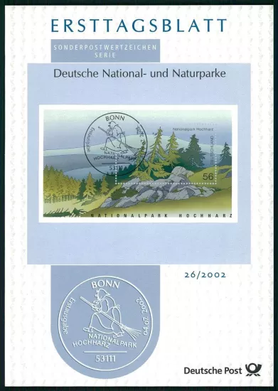 ALMANYA ERSTTAGSBLATT ETB 2002/26 HOCHHARZ MİLLİ PARK CADI AĞAÇLARI DOĞA