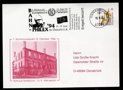 1994 Almanya – BAHN-PHILEX ’94 Osnabrück Anma Zarfı (Rathaus 1944 Yıkımı ve 1946 Seçimleri)