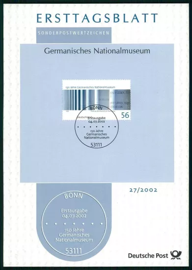 ALMANYA ERSTTAGSBLATT ETB 2002/27 GERMANİK ULUSAL MÜZESİ