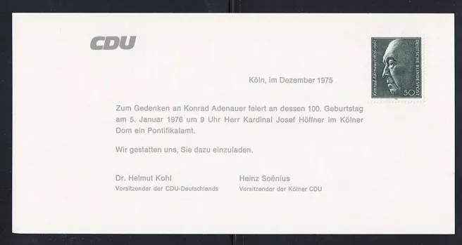 Konrad Adenauer 100. Doğum Günü CDU Davetiyesi – Köln Katedrali 1976, Sınırlı Sayıda Nadirdir
