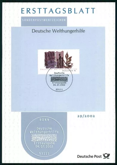ALMANYA ERSTTAGSBLATT ETB 2002/29 DÜNYA AÇLIK YARDIMI TAHIL BİTKİLER MEYVELER