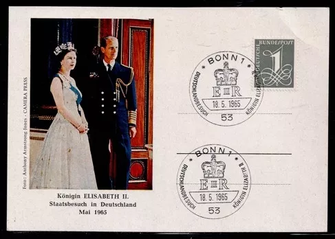 1965 Almanya – Kraliçe II. Elizabeth ve Prens Philip Resmî Ziyaret Anma Kartpostalı (Bonn Damgalı)