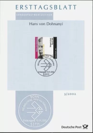  Almanya ETB 3/2002 – Hans von Dohnanyi’nin 100. Doğum Yılına özel İlk Gün Zarfı (Ersttagsblatt).