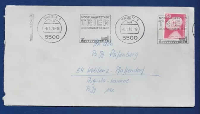 1976 Trier’den Koblenz-Pfaffendorf’a Gönderilen Zarf – 50 Pfennig Pul ve Askeri Adresli Koleksiyonluk