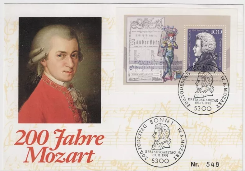Almanya 1991 Wolfgang Amadeus Mozart’ın ölümünün 200. yıldönümü Blok FDC