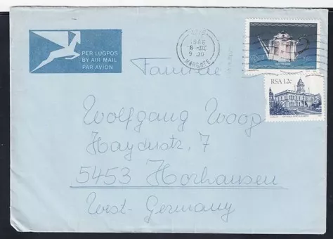 1966 Güney Afrika – Batı Almanya Airmail Zarfı (Margate Damgalı)