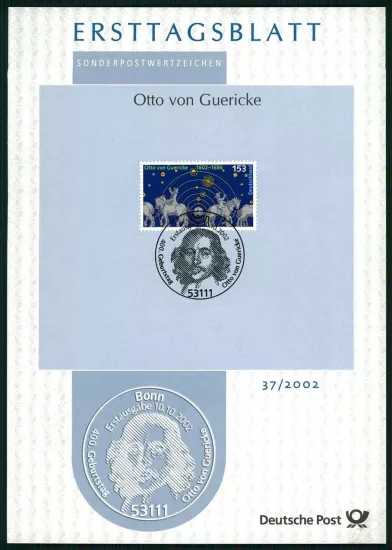 ALMANYA ERSTTAGSBLATT ETB 2002/37 FİZİKÇİ OTTO VON GUERICKE BAROMETRESİ