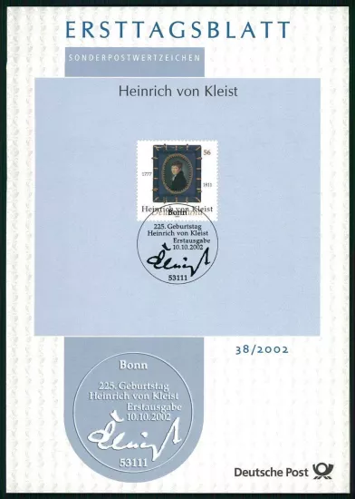 ALMANYA ERSTTAGSBLATT ETB 2002/38 HEINRICH VON KLEIST EDEBİYAT