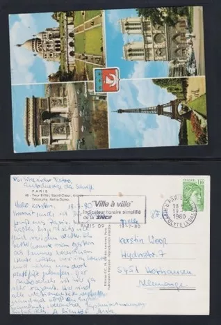 1980 Paris Kartpostalı – Eiffel, Notre-Dame, Arc de Triomphe, Sacré-Cœur