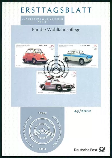 ALMANYA ERSTTAGSBLATT ETB 2002/43 OTOMOBİLLER BMW ISETTA MERCEDES 300 SL TRABANT