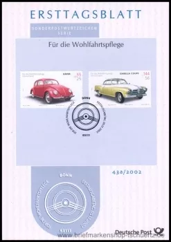 ALMANYA ERSTTAGSBLATT ETB 2002/43a OTOMOBİLLER VW BEETLE ISABELLA COUPE