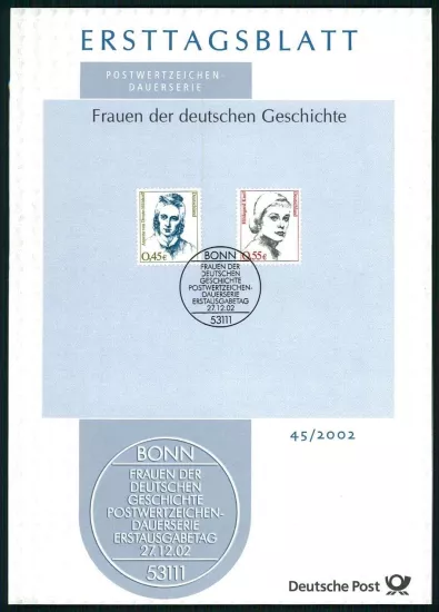 ALMANYA ERSTTAGSBLATT ETB 2002/45 ÜNLÜ KADINLAR DROSTE-HÜLSOFF HILDEGARD KNEF