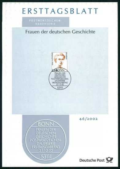 ALMANYA ERSTTAGSBLATT ETB 2002/46 ÜNLÜ KADINLAR ESTHER VON KIRCHBACH