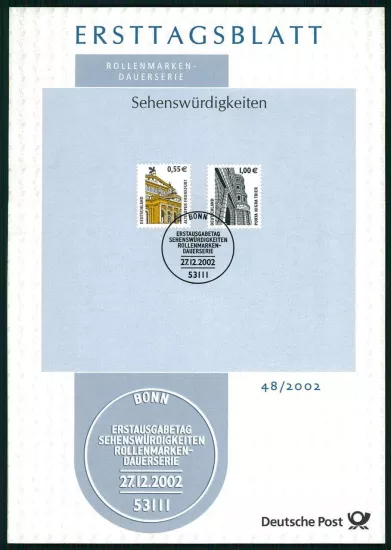 ALMANYA ERSTTAGSBLATT ETB 2002/48 MİMARLIK FRANKFURT OPERA TRIER PORTA NIGRA
