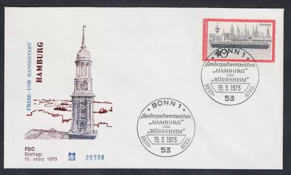 Almanya 1973 Turizm: Hamburg Şehir Merkezi FDC