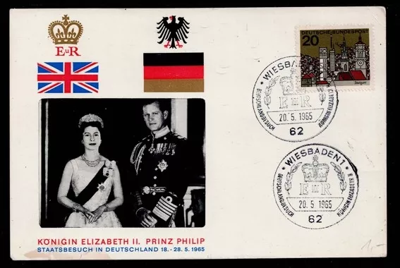 1965 Kraliçe II. Elizabeth ve Prens Philip Almanya Devlet Ziyareti Kartı, özel damgalı