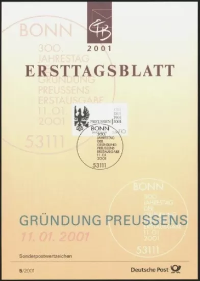 Almanya ETB, Ersttagsblatt 5/2001 – 300. Yıl Prusya’nın Kuruluşu