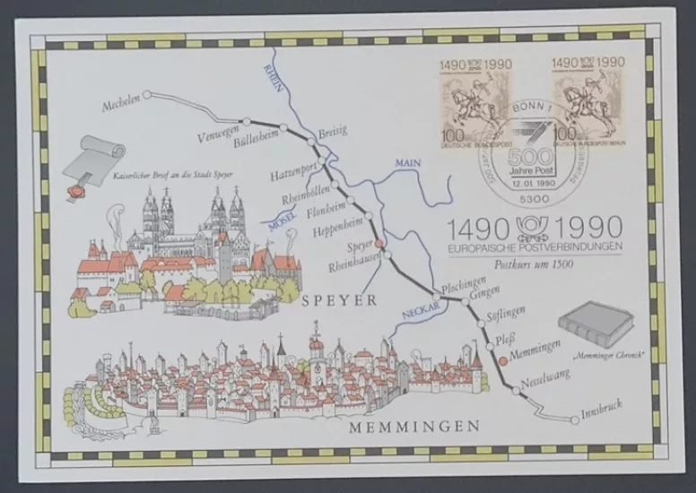 1990 Almanya 500 Jahre Europäische Postverbindungen – Speyer & Memmingen Anma Zarfı (Bonn Damgalı)