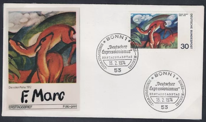 Almanya 1974 Franz Marc’ın Geyik tablosu FDC, Folyo Baskı