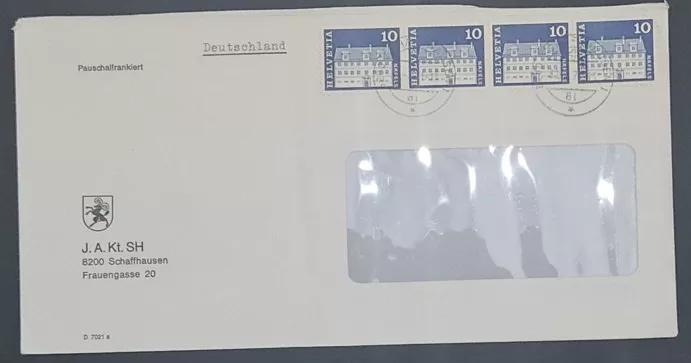  İsviçre’den Almanya’ya Pauschalfrankiert Zarf – Helvetia Pulları