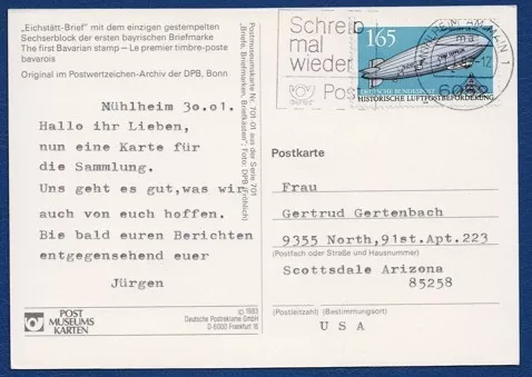 Zeplin Pullu Kartpostal – Bundespostmuseum Frankfurt ve Eichstätt-Brief