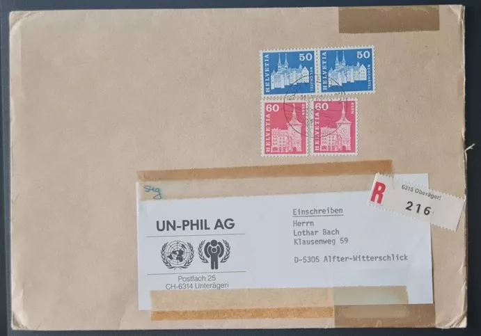  İsviçre-Almanya Kayıtlı Zarf – UN-PHIL AG Gönderimi