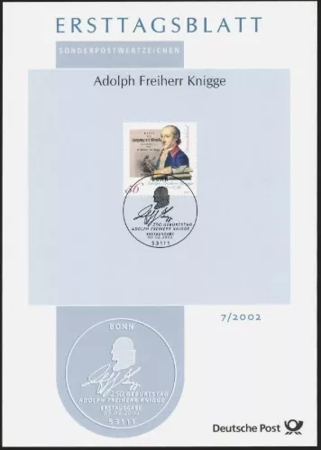 Almanya ETB 7/2002 – Adolph Freiherr Knigge 250. Doğum Yılı Ersttagsblatt