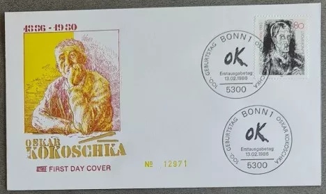 Almanya 1986 Oskar Kokoschka’nın 100. doğum günü FDC, Bonn