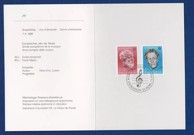 1985 EUROPA CEPT,  İsviçre Avrupa Müzik Yılı (Europäisches Jahr der Musik) özel pul hatıra kartı