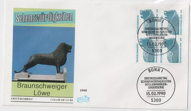 Almanya 1990  Posta pulları: Turistik yerler; Braunschweig aslan heykeli FDC