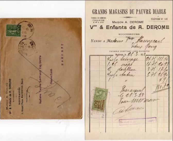 1927 fransız ticari fatura, damga pullu ve zarfı