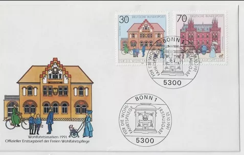 Almanya 1991 Wohlfahrt: Almanya’daki tarihi postahaneler FDC