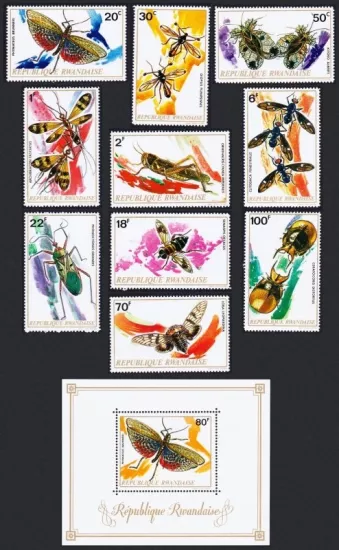 Rwanda 1973 Böcekler pul + blok Set