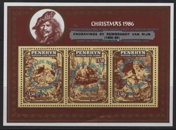 PENRHYN 1986 TABLOLAR REMBRANDT NOEL DAMGASIZ MNH BLOK, OVERPRINT