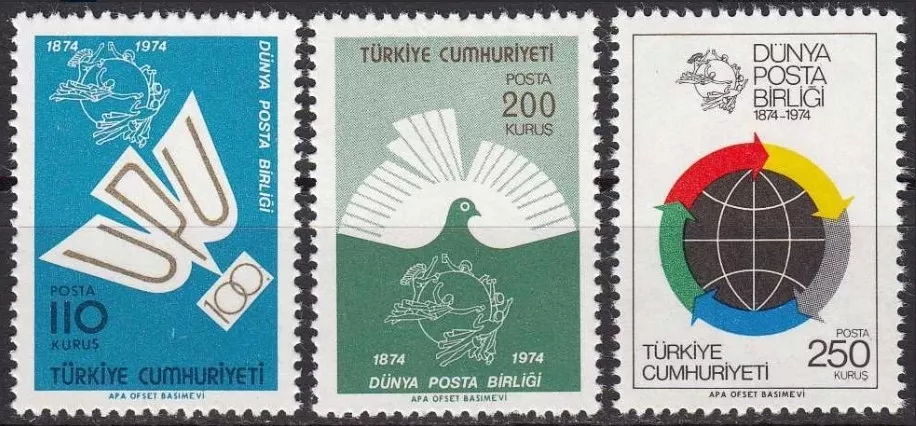 TÜRKİYE 1974 DÜNYA POSTA BİRLİĞİNİN 100. YILI TAM SERİ MNH