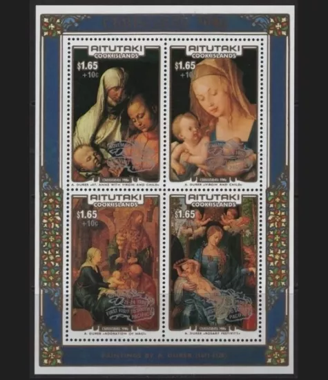 AITUTAKI 1986 TABLOLAR NOEL, ALBRECHT DÜRER DAMGASIZ OVERPRINT MNH BLOK