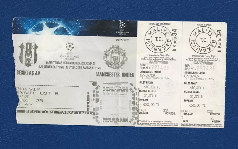 UEFA Şampiyonlar Ligi Kapsamında 15 Eylül 2009 Tarihinde Beşiktaş JK - Manchester United Arasında Oynanan Futbol Maçı Bileti